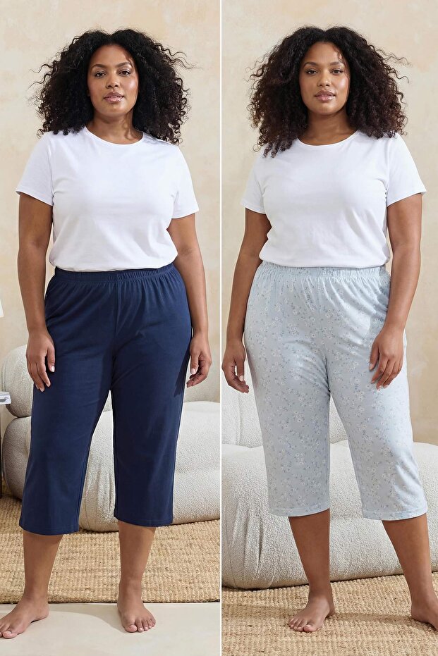 Çok Renkli Çiçek Desenli 2'li Paket Pamuklu Kapri Boy Büyük Beden Pijama Altı TBBSS26IA00005