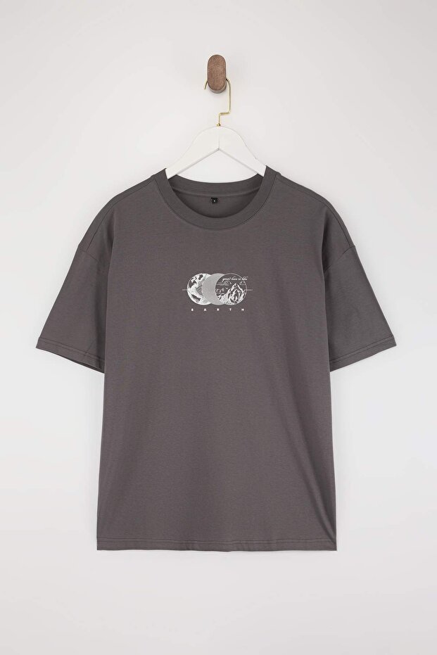 Anthracite Oversized /Wide Cut Printed 100% Cotton T-Shirt Tmnss23Ts00261