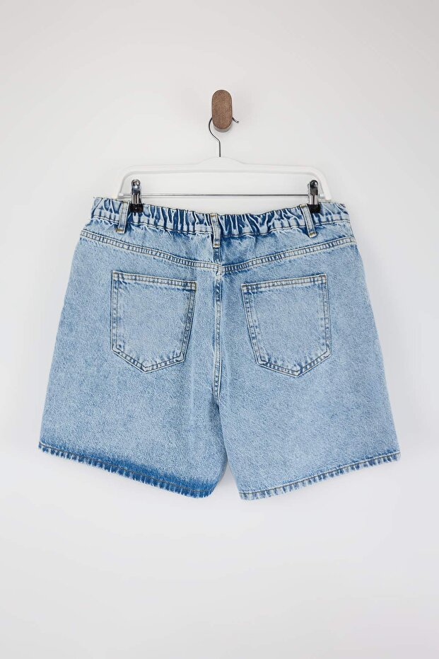 Açık Mavi Yüksek Lastikli Bel City Boy %100 Pamuk Non-Stretch Büyük Beden Denim Şort TBBSS26AP00017 - 6