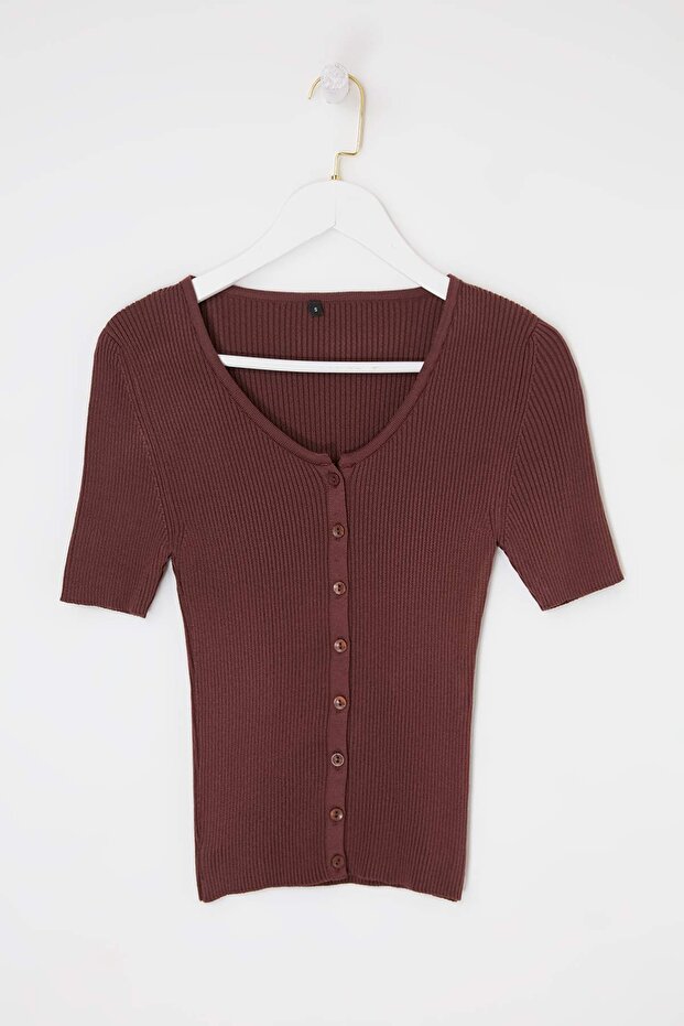 Kahverengi More Sustainable Basic V Yaka Triko Bluz TWOSS26BZ00504 - 5