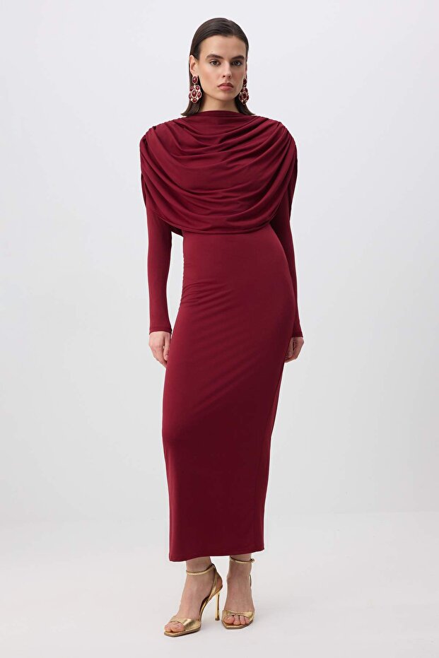 Bordo Yaka Detaylı Örme Şık/Gece Elbisesi TPRAW26EL00158 - 2