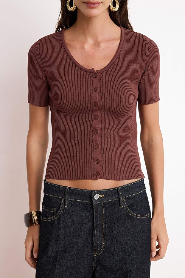 Kahverengi More Sustainable Basic V Yaka Triko Bluz TWOSS26BZ00504 - 3