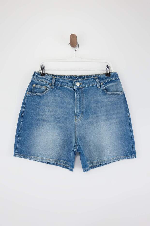Mavi Yüksek Lastikli Bel City Boy %100 Pamuk Non-Stretch Büyük Beden Denim Şort TBBSS26AP00017 - 4