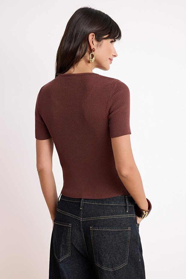 Kahverengi More Sustainable Basic V Yaka Triko Bluz TWOSS26BZ00504 - 4