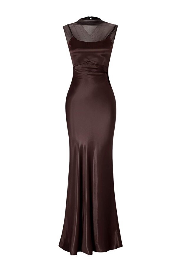 Kahverengi Düz Saten Maxi Abiye & Mezuniyet Elbisesi TPRSS26AE00168 - 4