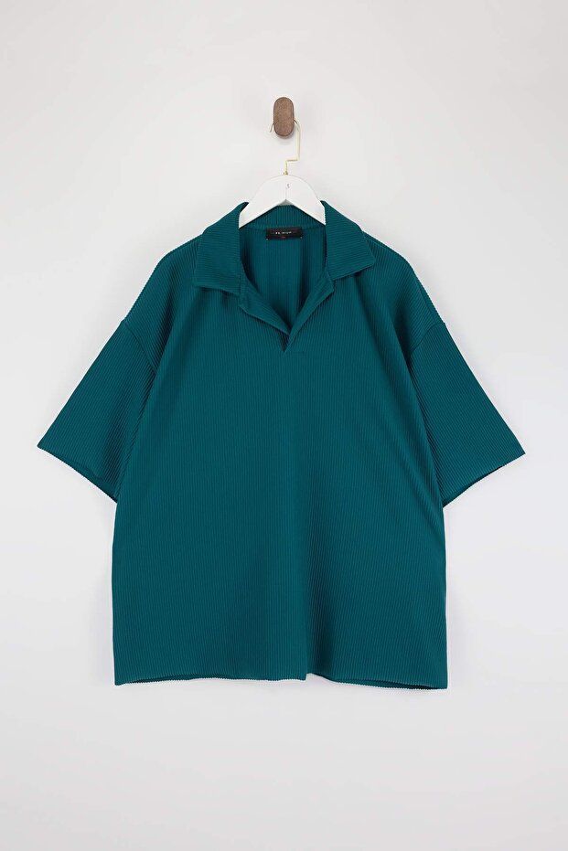 Büyük Beden Yeşil Oversize Dokulu Ottoman Polo Yaka T-Shirt TMNSS24BF00047 - 1