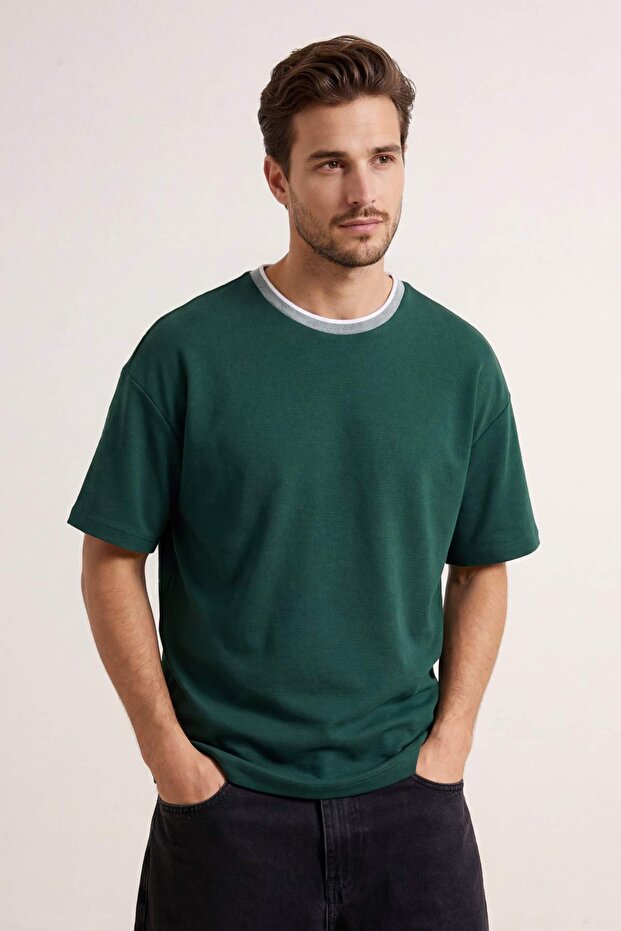 Haki Oversize/Geniş Kesim Triko Bantlı Dokulu Pike T-Shirt TMNSS23TS00079 - 2