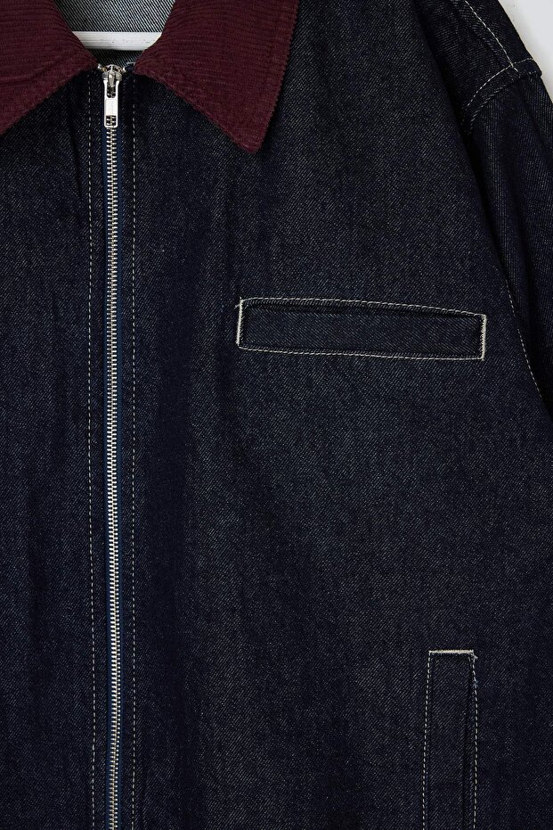 Koyu Mavi Kadife Yaka Detaylı Oversize 100% Pamuk Non-Stretch Büyük Beden Denim Ceket TBBSS26AG00011 - 5