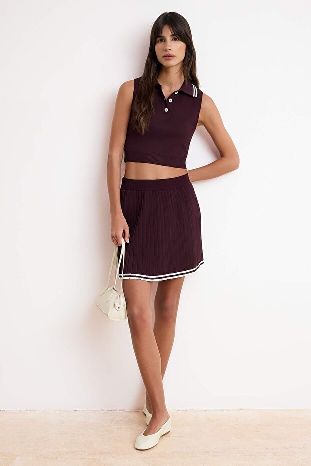 Bordo Polo Yaka Pileli Etekli Triko Alt-Üst Takım TWOSS24AU00009