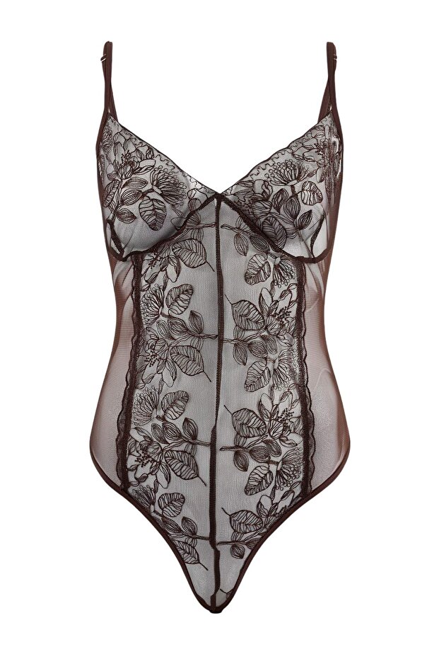 Kahverengi Tül/Dantel Fitted Kapsız Fantezi Body THMSS26BD00014 - 3