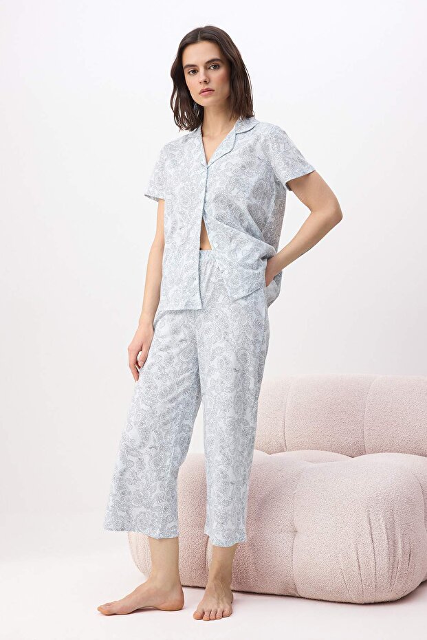 Mavi %100 Pamuklu Etnik Desenli Alt Kapri Örme Pijama Takımı THMSS26PT00158 - 2