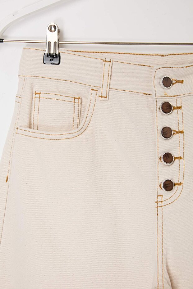 Ekru Yüksek Bel Straight/Düz Kesim %100 Pamuklu Jeans TWOSS26JE00183 - 7
