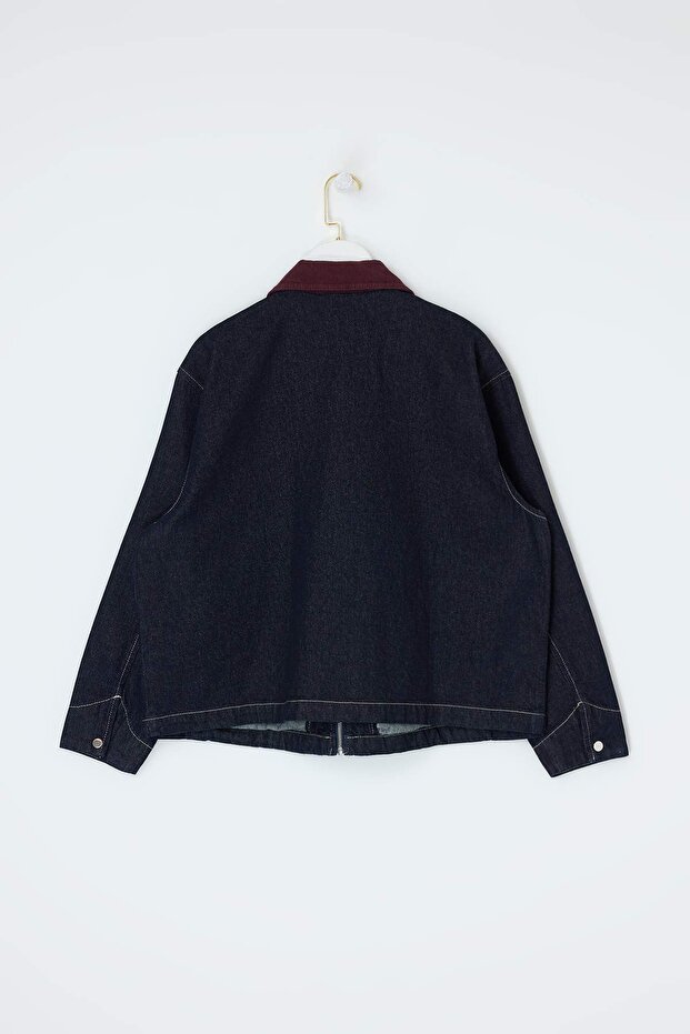 Koyu Mavi Kadife Yaka Detaylı Oversize 100% Pamuk Non-Stretch Büyük Beden Denim Ceket TBBSS26AG00011 - 6