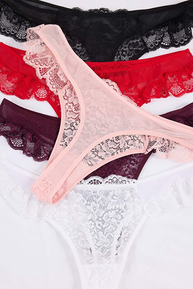 Çok Renkli 5'li Paket Tül Dantel Detaylı Tanga Örme Büyük Beden Külot TBBSS26CM00011 - 6