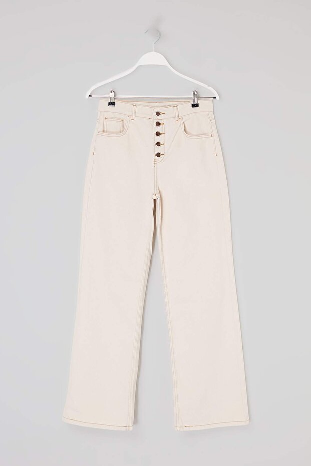 Ekru Yüksek Bel Straight/Düz Kesim %100 Pamuklu Jeans TWOSS26JE00183 - 5