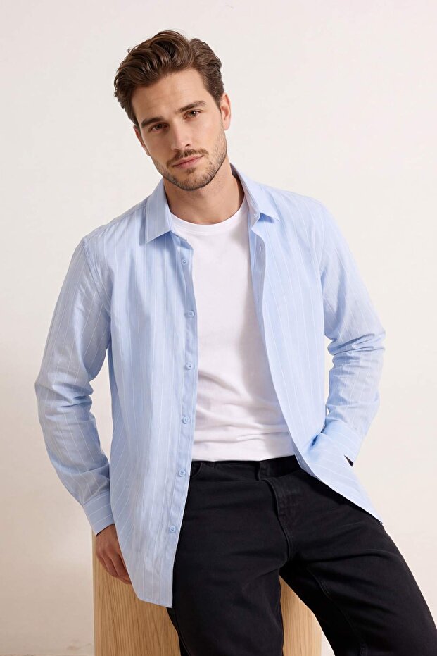 Açık Mavi Normal Kalıp/Regular Fit Çizgili Uzun Kollu Yazlık Erkek Dokuma Gömlek TMNSS26GO00014 - 3
