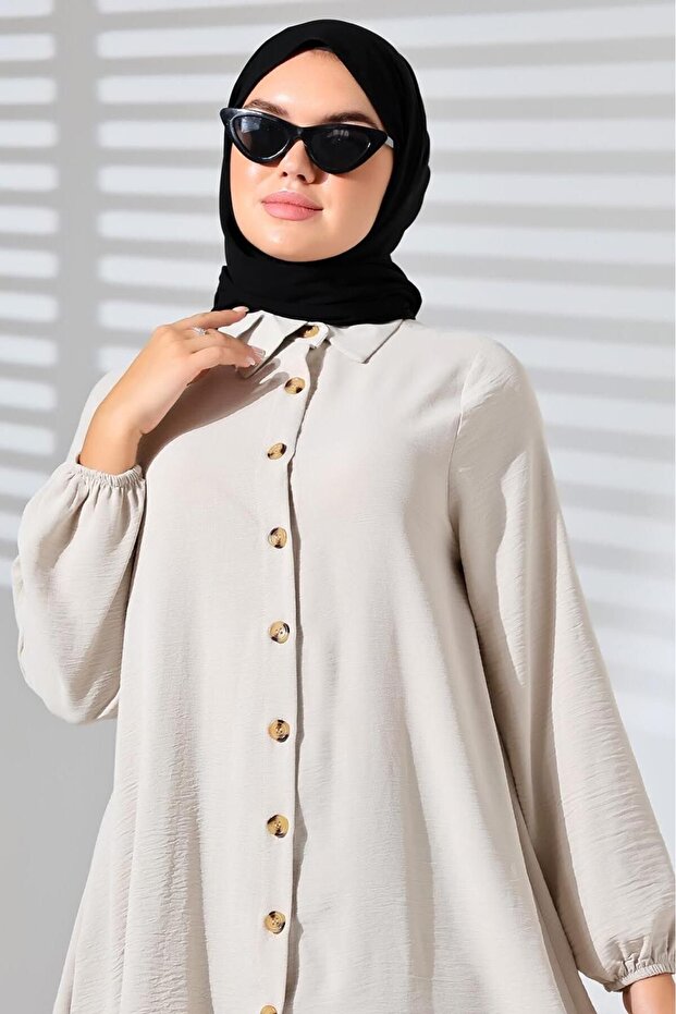 Buttoned Aerobin Fabric Cuff Elastic Tunic Shirt