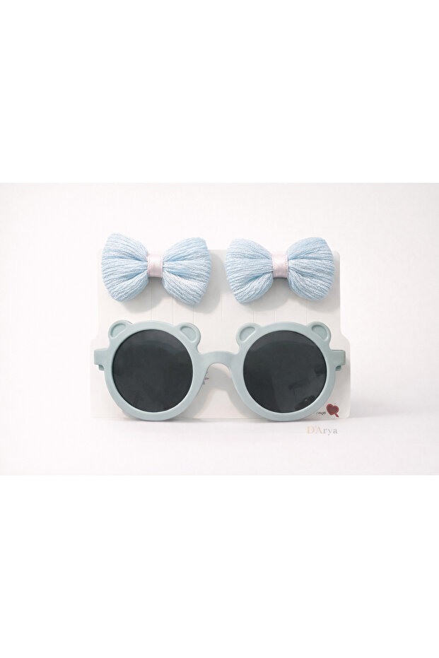 Light Blue Ear Detail Children's Glasses and Bow Buckle Set - 2 Piece Girls' Accessory Dd370