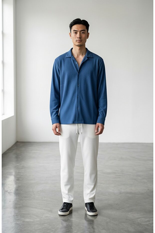 Men's Indigo-White Ottoman Long Sleeve Shirt Pants Tracksuit Set