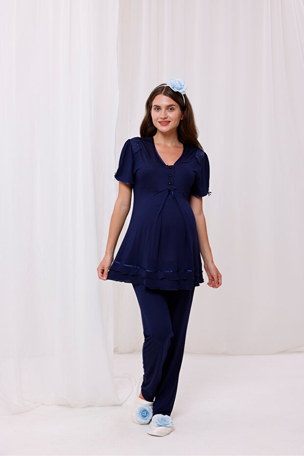 Navy Blue Ribbon Detailed Design Maternity Maternity Pajama Set with Breastfeeding Feature