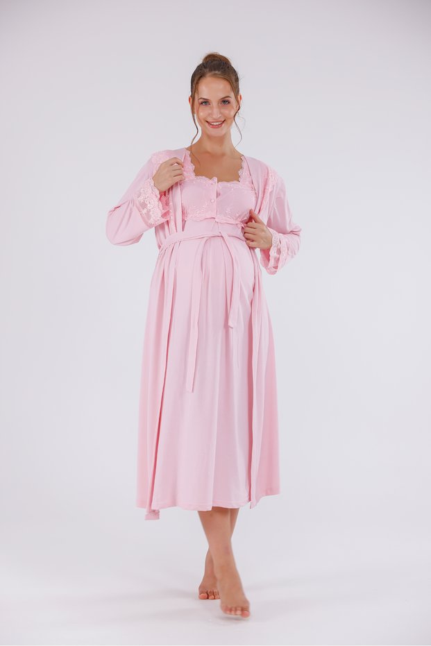 Powder Special Lace Long Sleeve Cotton Full Length Maternity Nightgown-Dressing Gown Set of 2