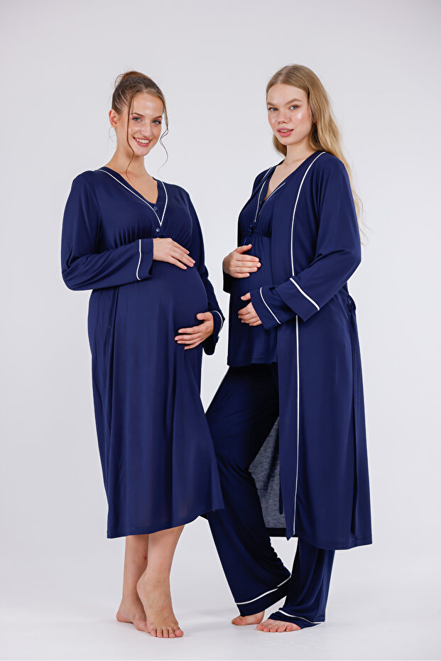 Navy Blue Piping Long Sleeve Cotton Maternity Pajama Set and Nightgown 4-Piece Set