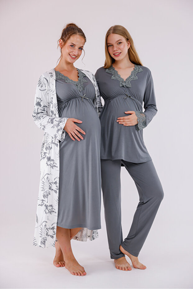 Smoked Patterned Long Sleeve Cotton Maternity Pajama Set and Nightgown 4-Piece Set