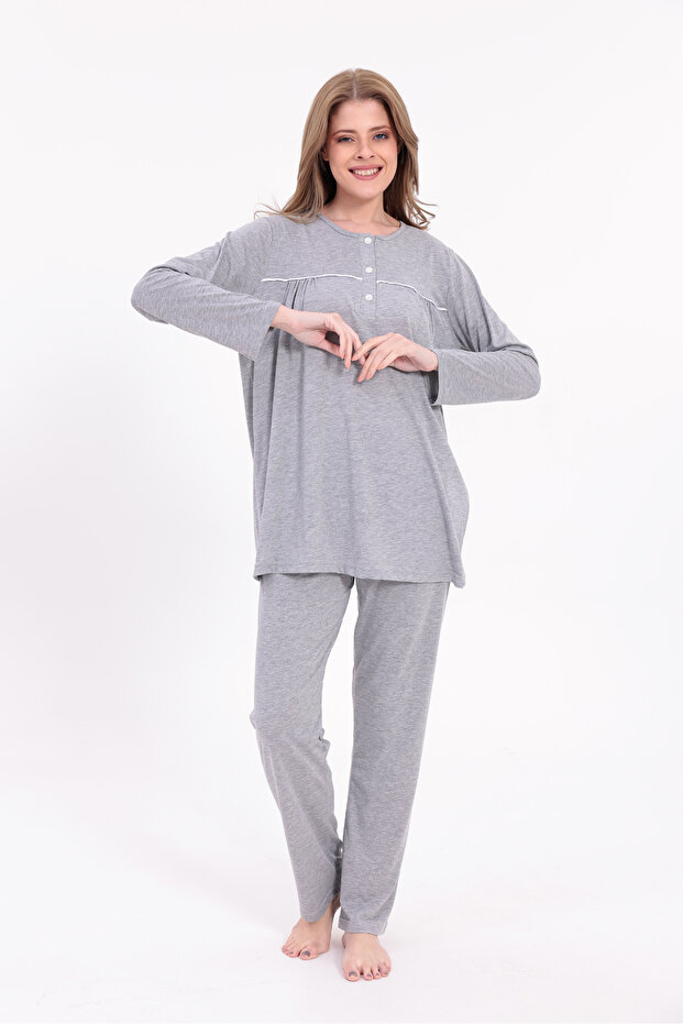 Women's Gray Piped Long Sleeve Cotton Plus Size (Oversize) Pajama Set