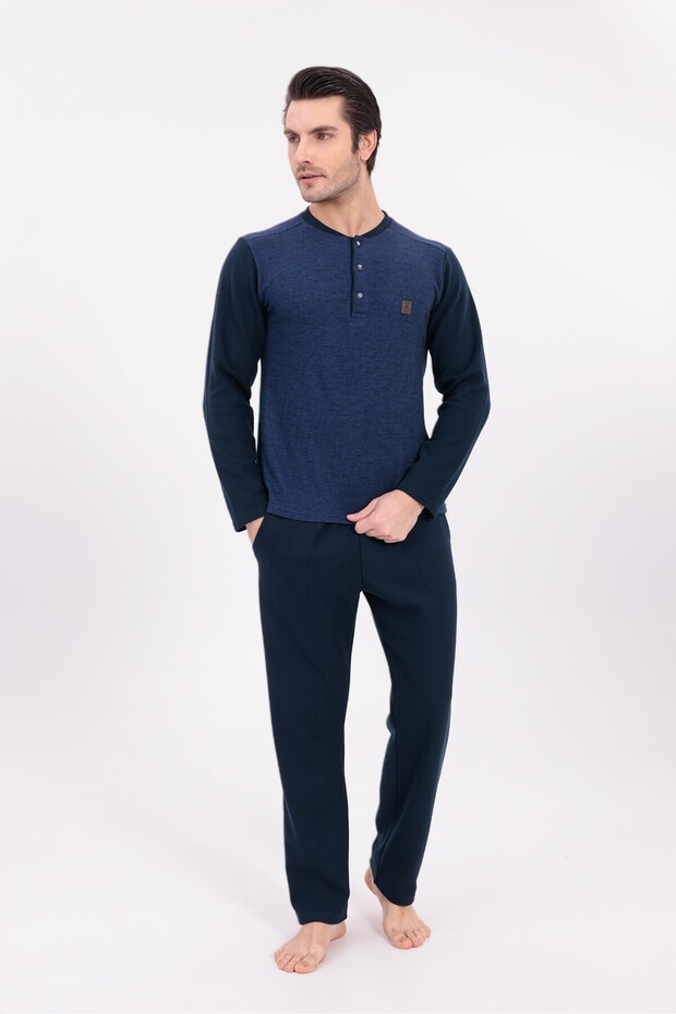 Men's Navy Blue Jacquard Winter Long Sleeve Cotton Men's Pajama Set