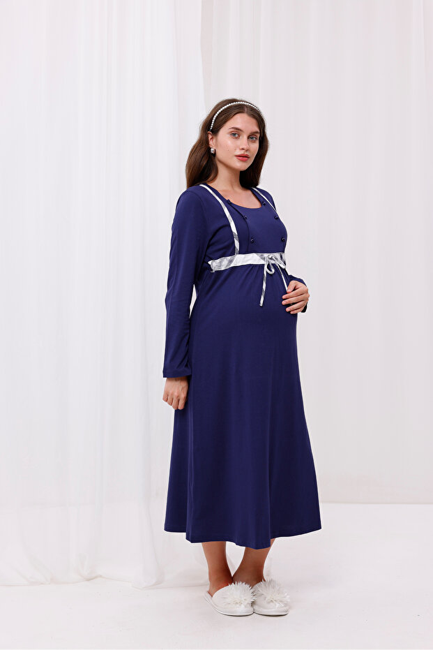 Navy Blue Plaid Long Sleeve Maternity Nightgown with Breastfeeding Feature