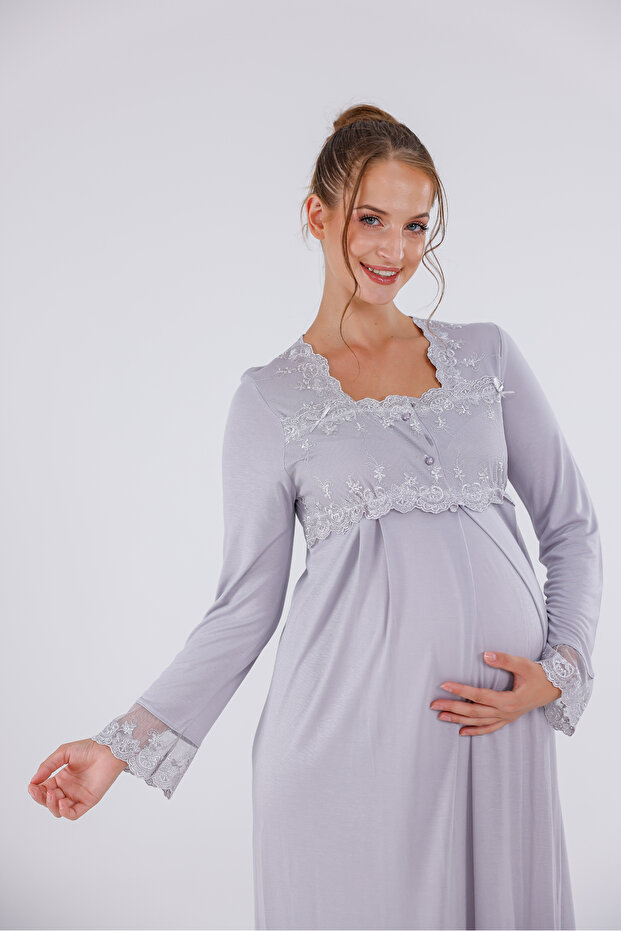 Gray Special Lace Long Sleeve Cotton Maternity Nightgown with Nursing Features