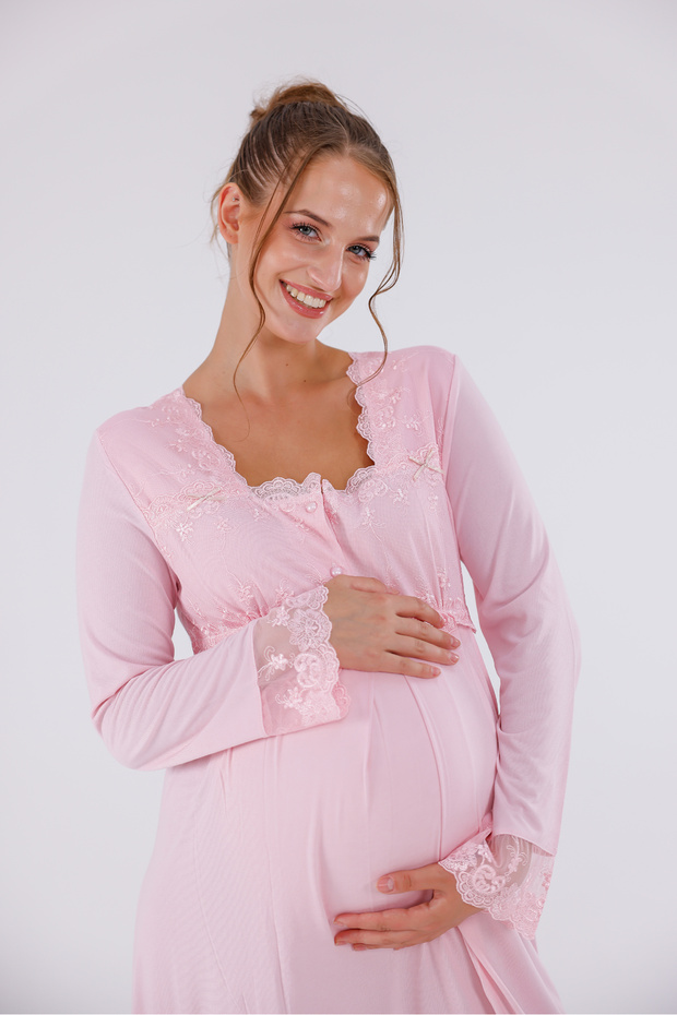 Powder Special Lace Detailed Nursing-Friendly Long Sleeve Cotton Maternity Nightgown