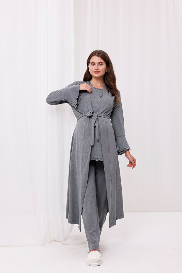 Smoked Double-Breasted Long Dressing Gown with Breastfeeding Feature Maternity Maternity Dressing Gown 3-Piece Pajama Set