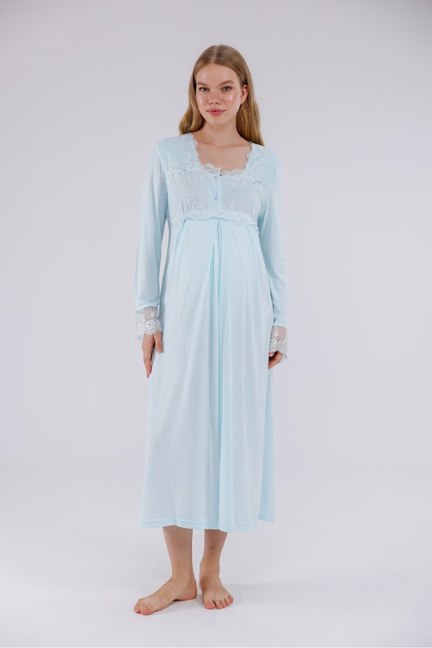 Turquoise Special Lace Detailed Nursing-Friendly Long Sleeve Cotton Maternity Nightgown