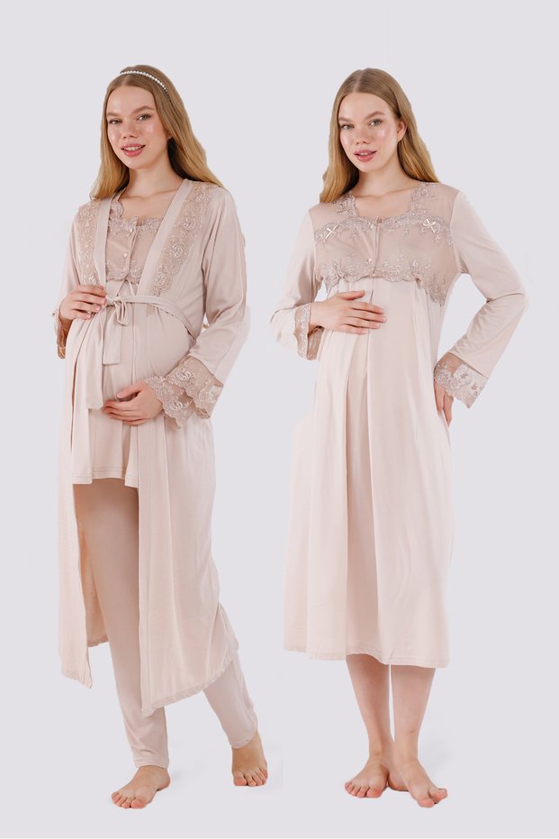 Beige Special Lace Design Cotton Long Sleeve Maternity Pajama Set and Nightgown 4-Piece Set