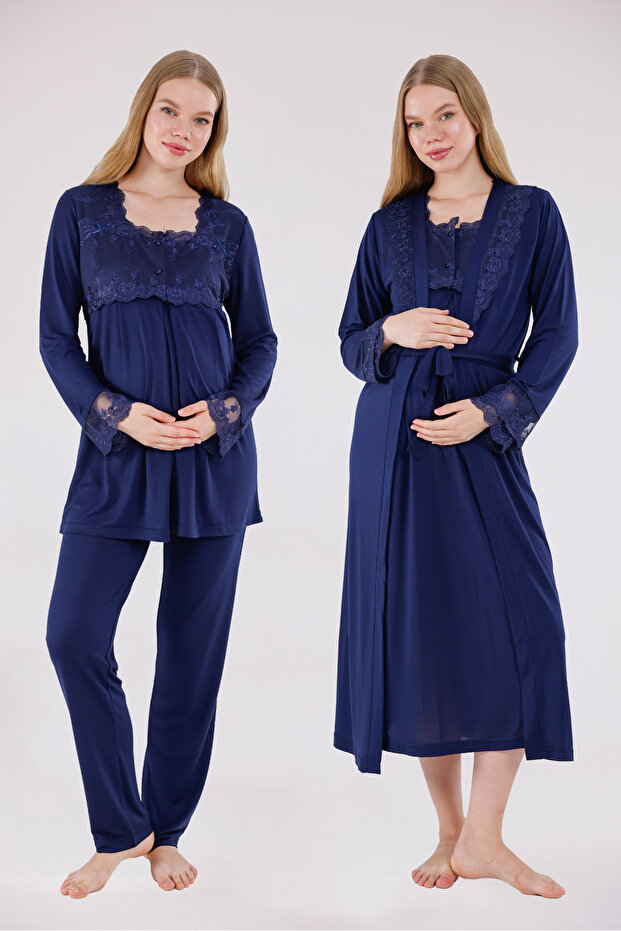 Navy Blue Special Lace Design Cotton Long Sleeve Maternity Pajamas Set Nightgown 4-Piece Set