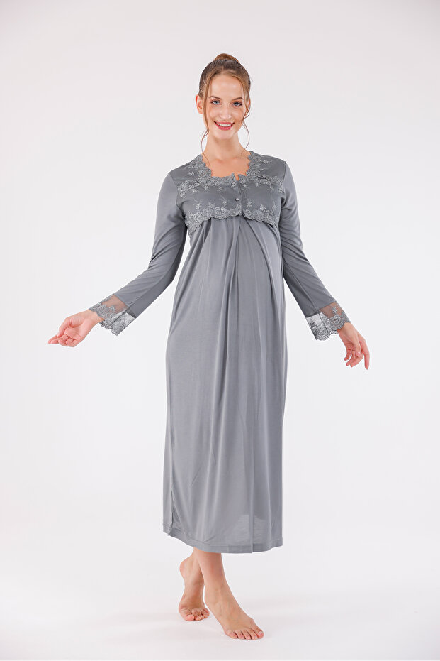 Smoked Special Lace Long Sleeve Cotton Maternity Nightgown with Nursing Feature