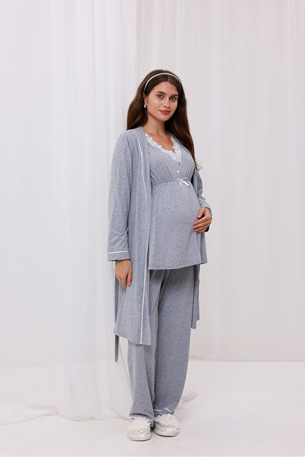 Gray Melange Lace Collar Maternity Maternity Pajama Set of 3