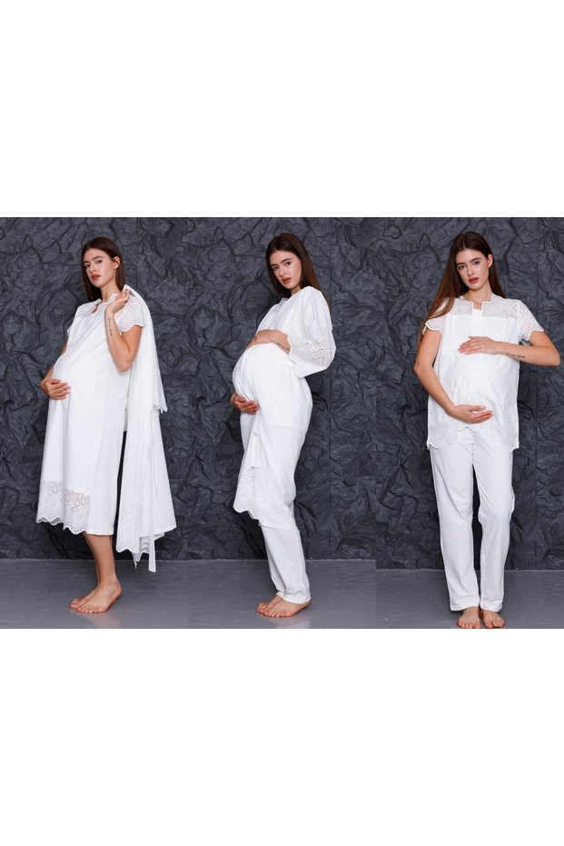Ecru Fisto Linen Summer Maternity Nightgown-Dressing Gown, Pajama Set Set of 4