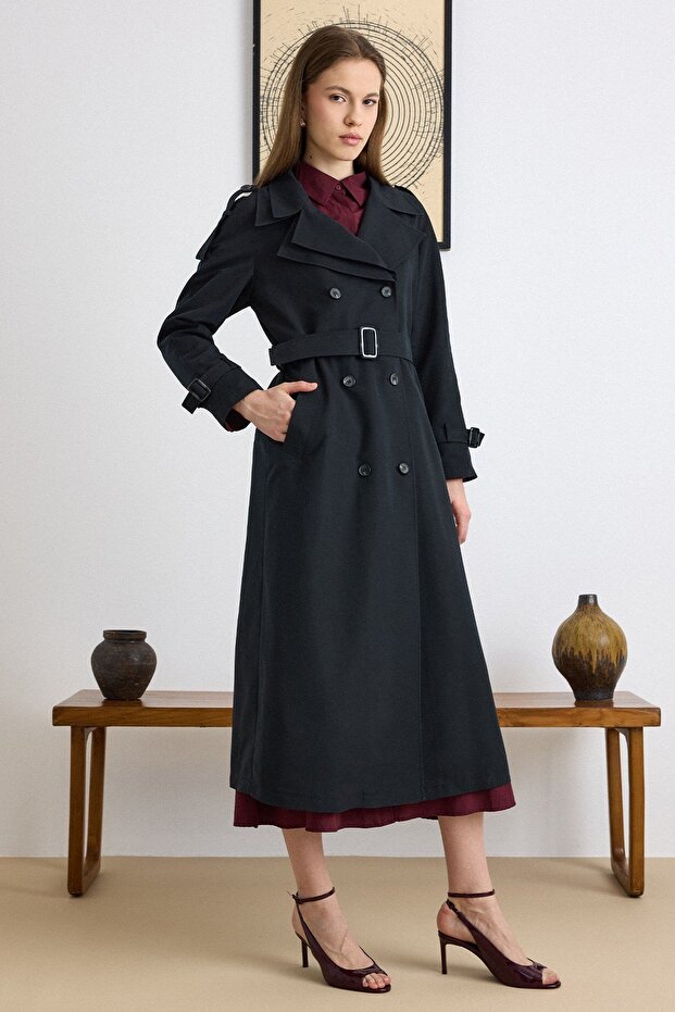 Double Collar Detailed Water Repellent Unlined Long Trench Coat Black 6832