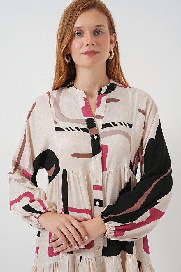 Bdart Buttoned V-Neck Patterned Maxi Dress - 2