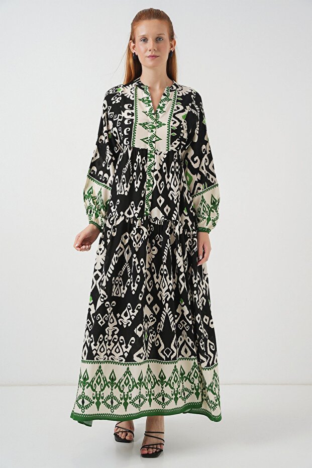 فستان ماكسي منقوش بياقة على شكل حرف V وأزرار من BDART - 1