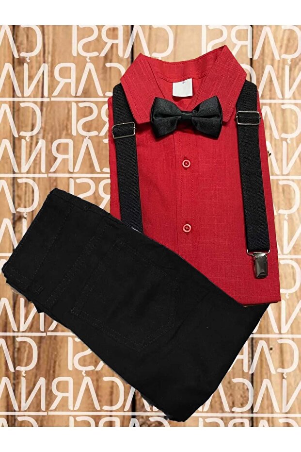 BOY'S LONG FOLD SLEEVE SHIRT PANT SLING BOW TIE SET BOTTOM TOP SET