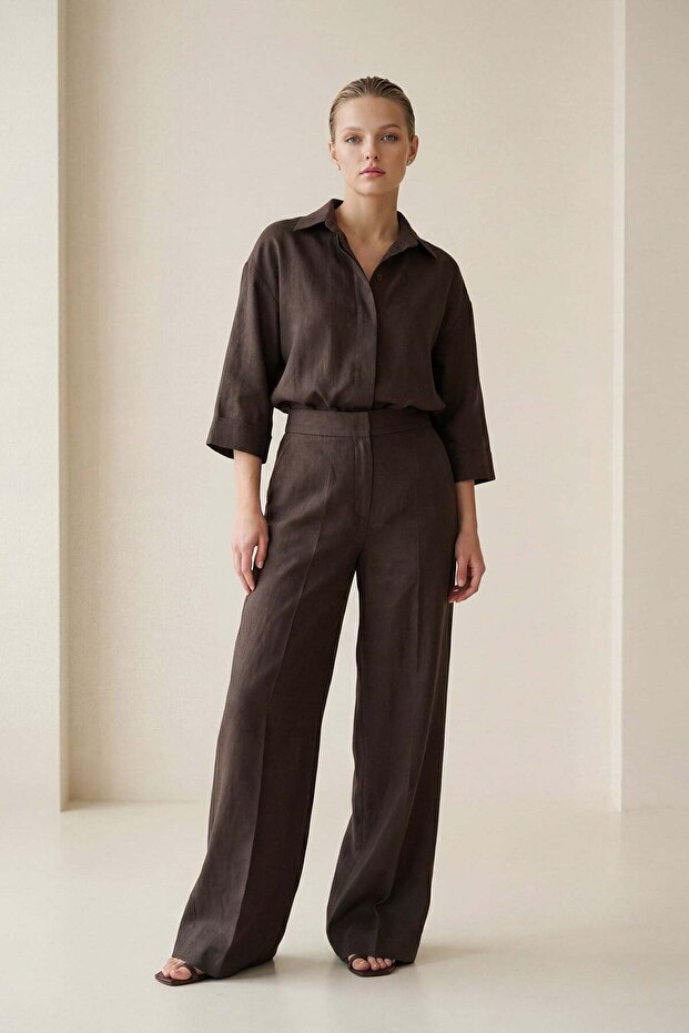 Bitter-Coffee 100% Linen Pocket Detailed Relaxed Fit Trousers