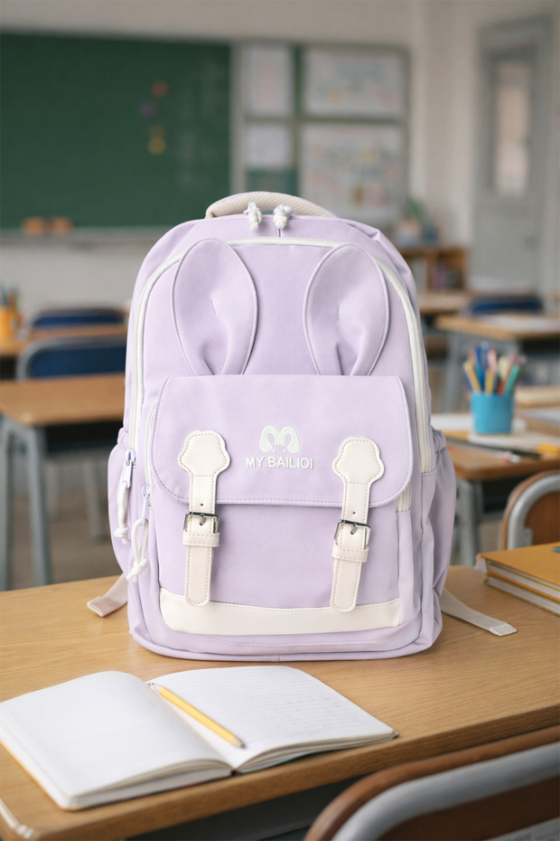 حقيبة ظهر مدرسية بتفاصيل أذن رمادية - 5