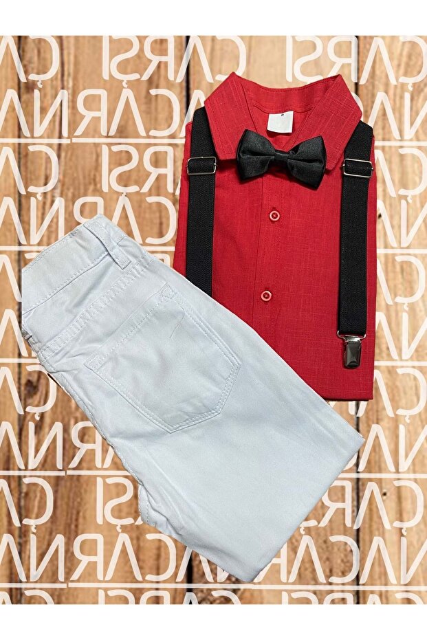 Boy's Long Fold Sleeve Shirt Pants Suspender Bow Tie Set Bottom Top Set