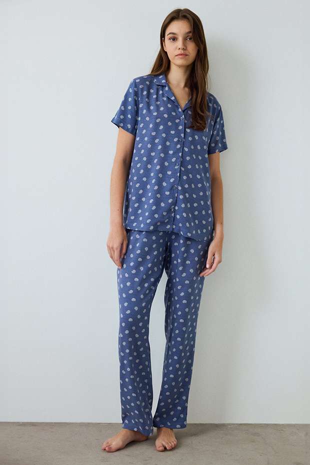 Indigo Floral Print Shirt Collar Short Sleeve Pyjama Set
