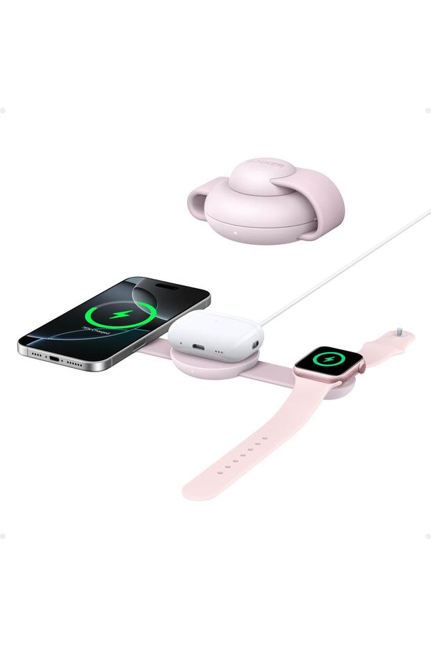 Maggo 3in1 Kablosuz Katlanır Şarj - Pembe - B25m8