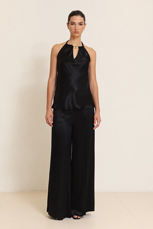 Black Satin Collared Blouse with Window Detail and Accessory Detail on the Strap