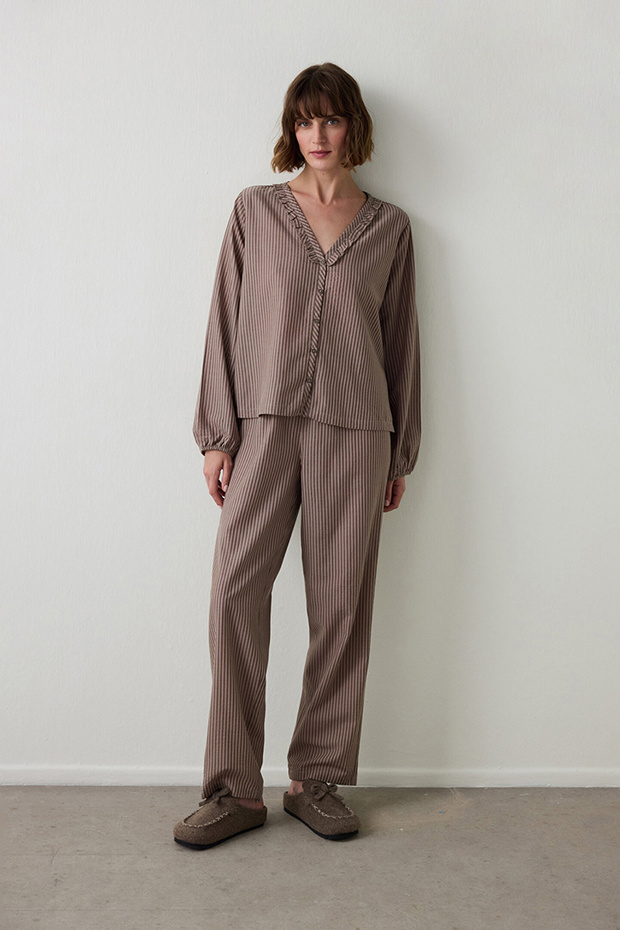 Beige Brownish Shirt Collar Detail Pajama Set